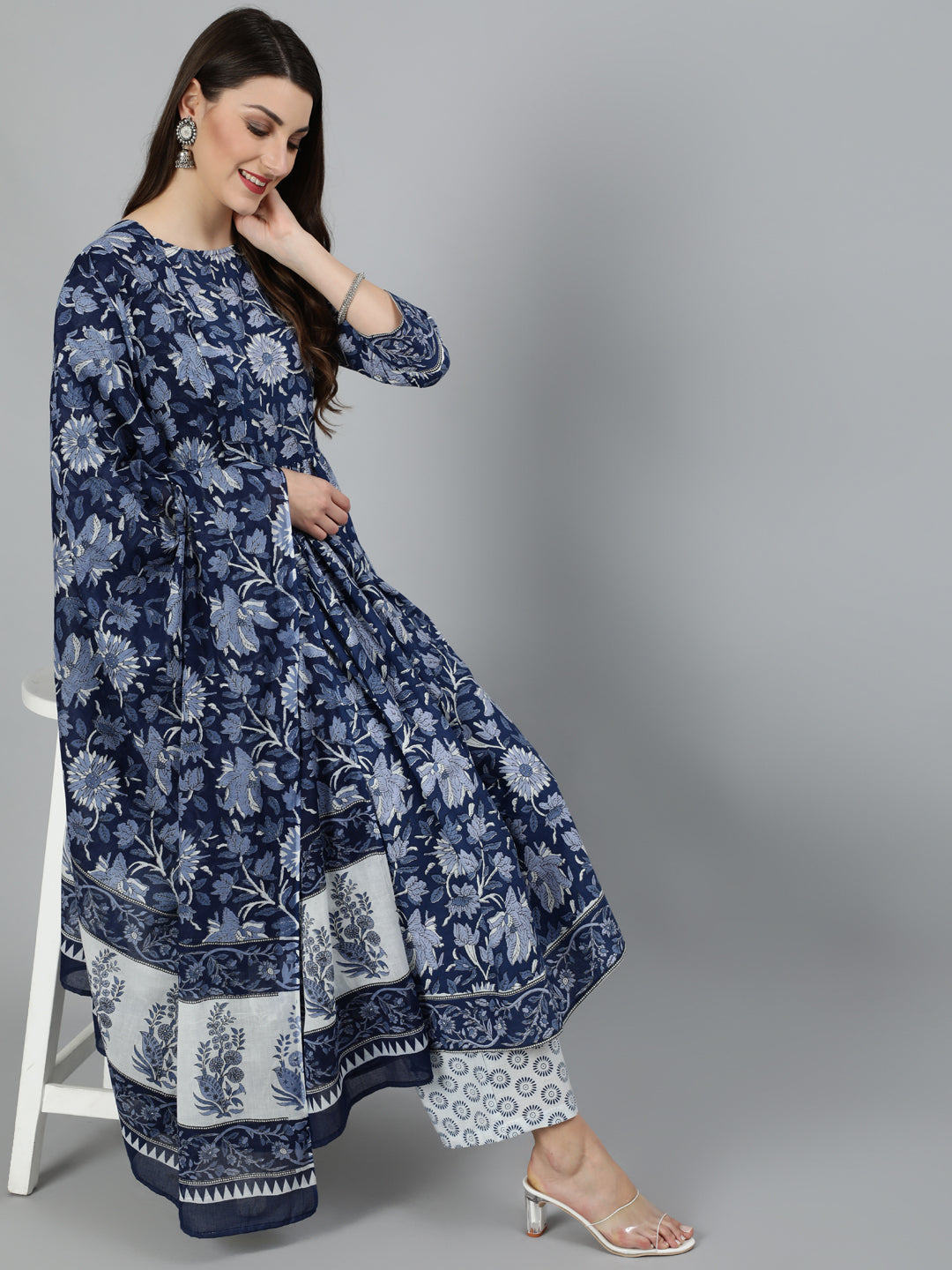 Women Blue Floral Printed Gathered Kurta With Palzzo And Dupatta | LASVINI - Redefining Indian Fashion with Elegance