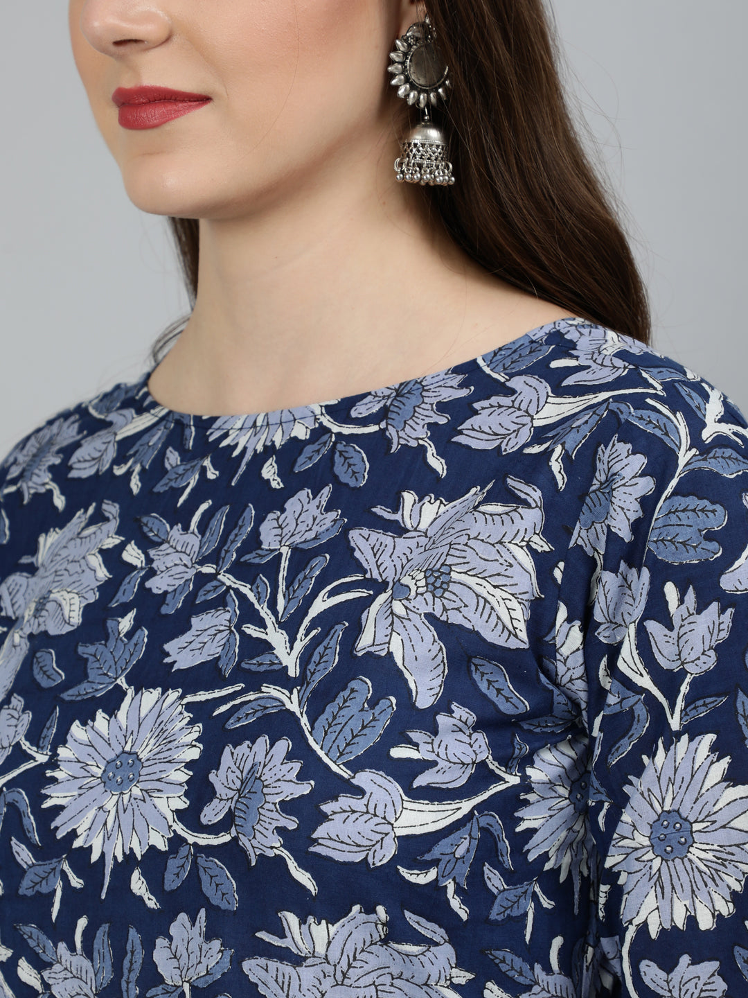 Women Blue Floral Printed Gathered Kurta With Palzzo And Dupatta | LASVINI - Redefining Indian Fashion with Elegance