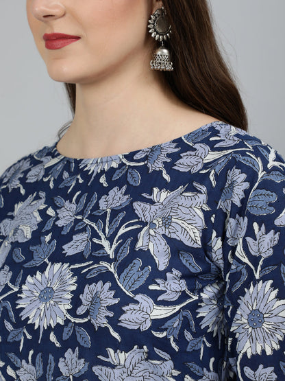 Women Blue Floral Printed Gathered Kurta With Palzzo And Dupatta | LASVINI - Redefining Indian Fashion with Elegance