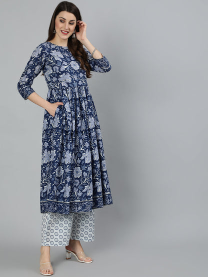 Women Blue Floral Printed Gathered Kurta With Palzzo And Dupatta | LASVINI - Redefining Indian Fashion with Elegance
