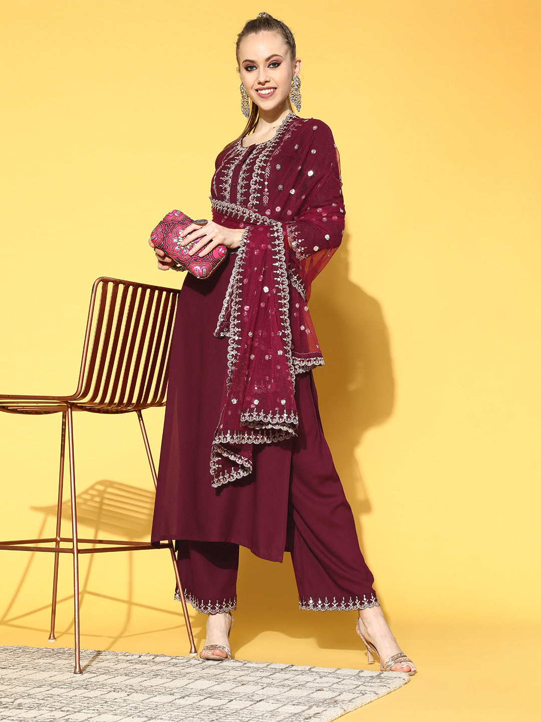 Women Burgundy Embroidered Straight Kurta With Plazo & Dupatta | LASVINI - Redefining Indian Fashion with Elegance