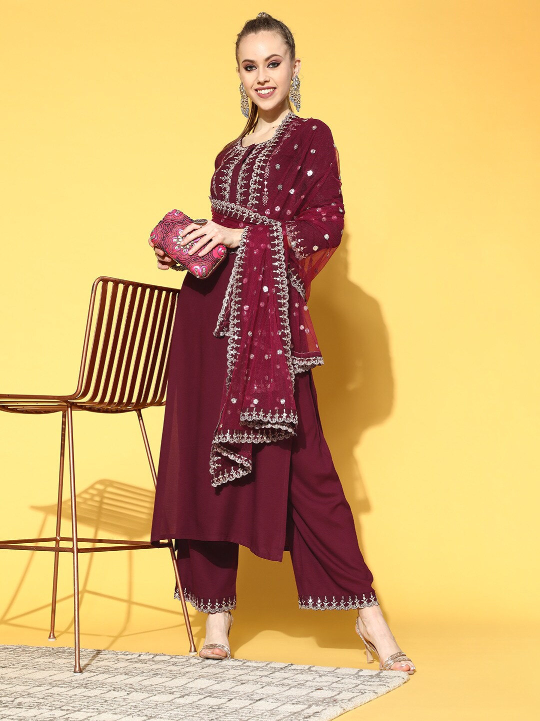 Women Burgundy Embroidered Straight Kurta With Plazo & Dupatta | LASVINI - Redefining Indian Fashion with Elegance