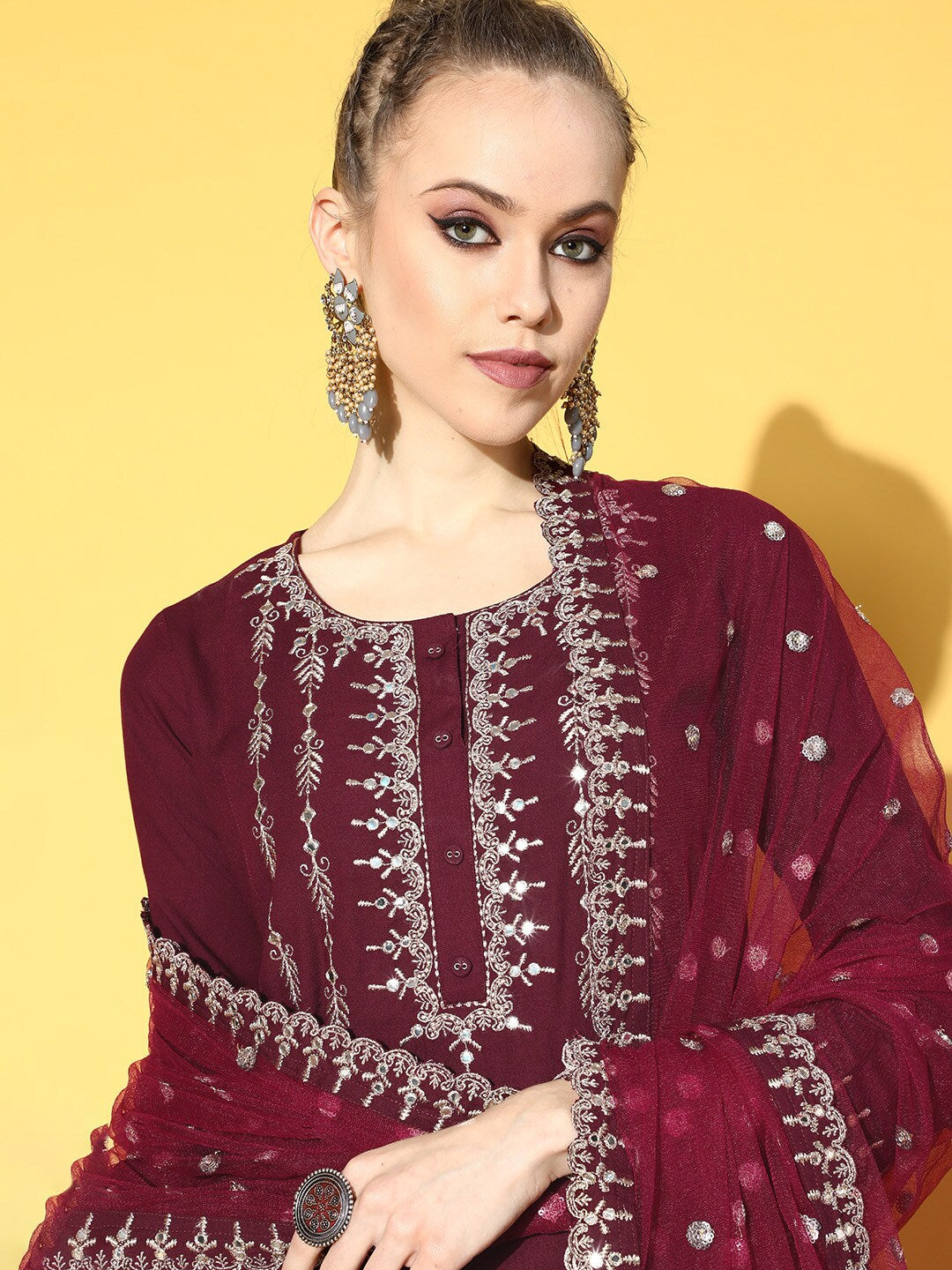 Women Burgundy Embroidered Straight Kurta With Plazo & Dupatta | LASVINI - Redefining Indian Fashion with Elegance