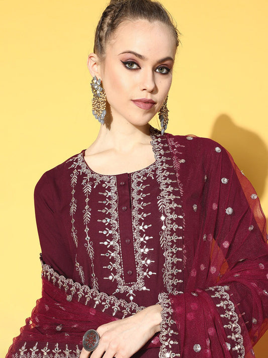 Women Burgundy Embroidered Straight Kurta With Plazo & Dupatta | LASVINI - Redefining Indian Fashion with Elegance