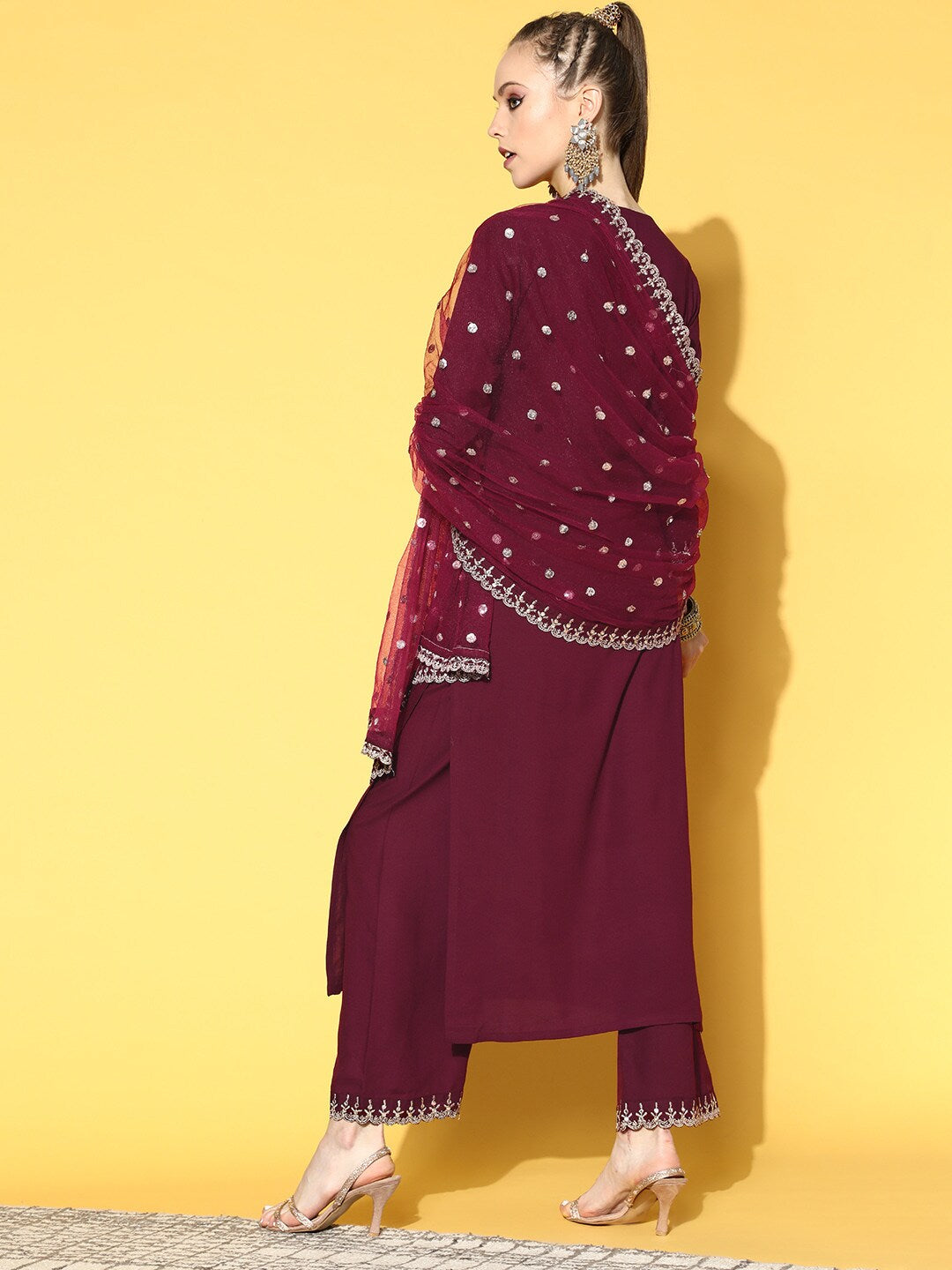 Women Burgundy Embroidered Straight Kurta With Plazo & Dupatta | LASVINI - Redefining Indian Fashion with Elegance