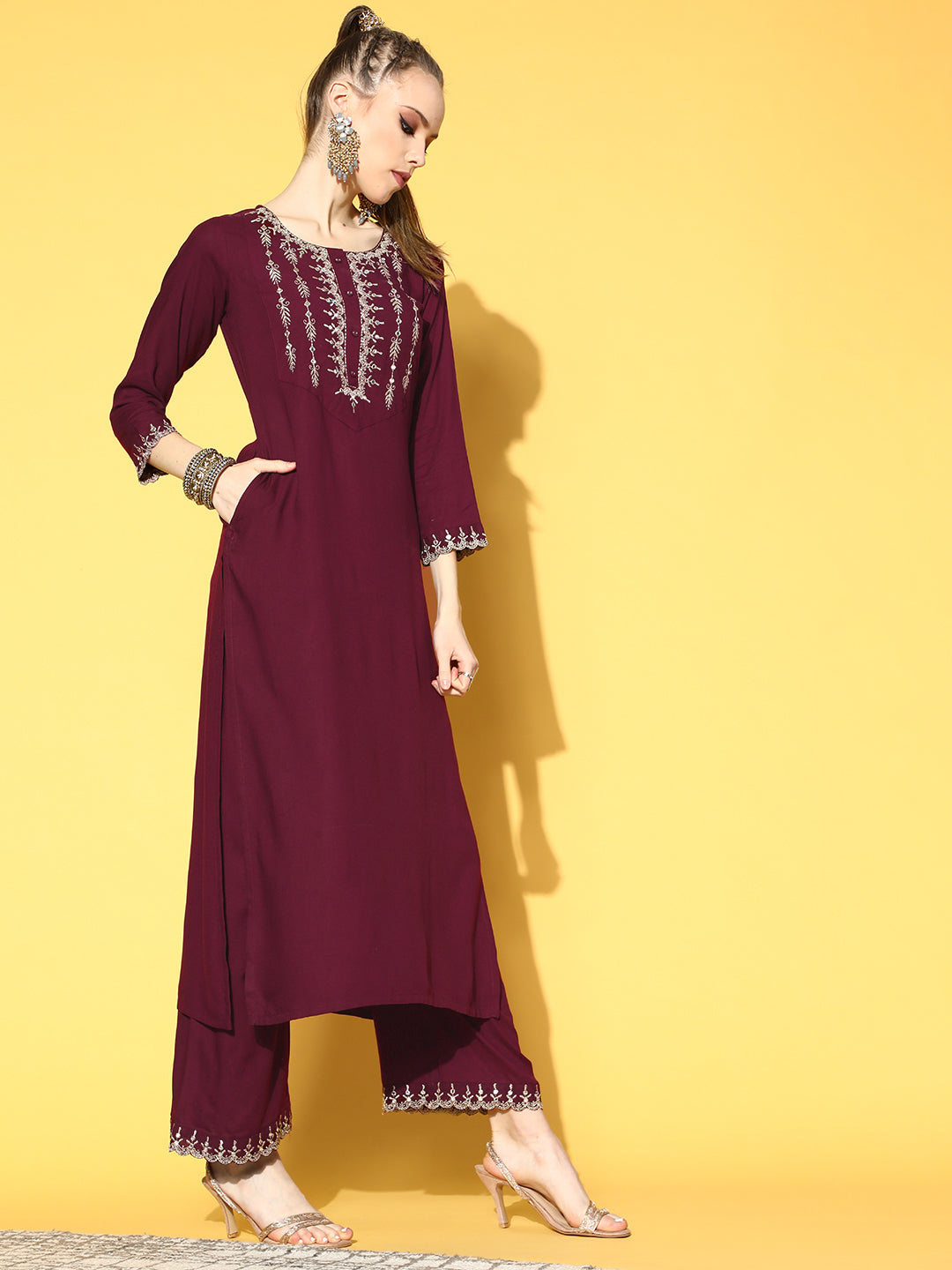 Women Burgundy Embroidered Straight Kurta With Plazo & Dupatta | LASVINI - Redefining Indian Fashion with Elegance