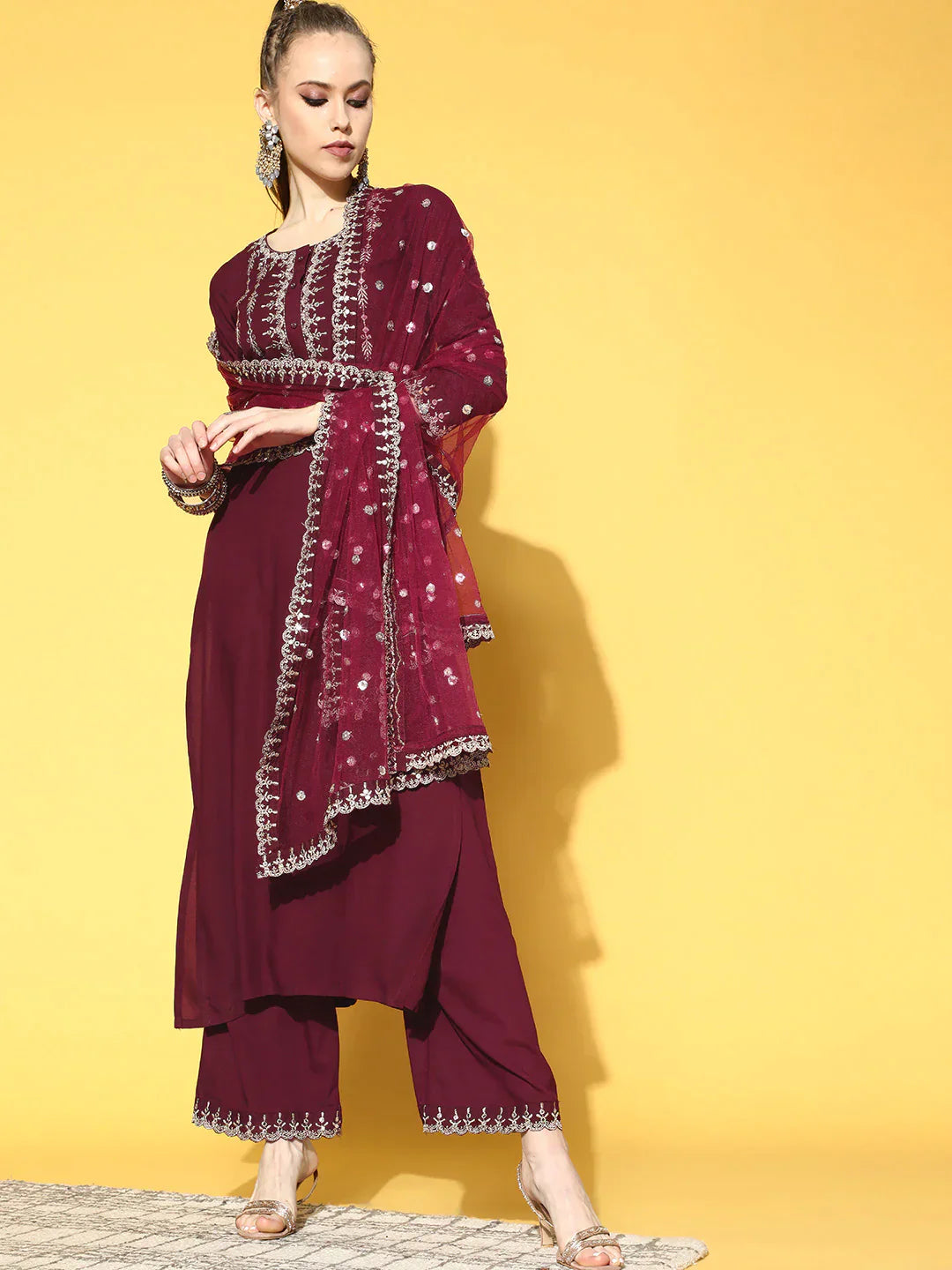 Women Burgundy Embroidered Straight Kurta With Plazo & Dupatta | LASVINI - Redefining Indian Fashion with Elegance