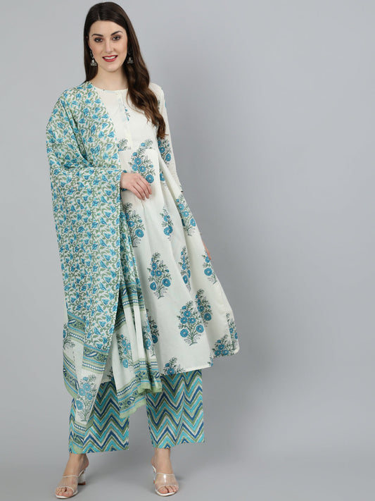 Women White Ethnic Floral Printed Flared Kurta With Palazzo And Dupatta | LASVINI - Redefining Indian Fashion with Elegance