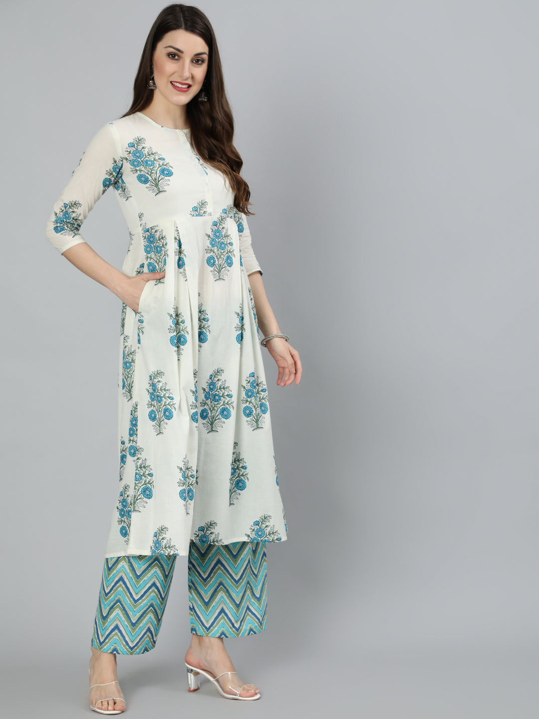 Women White Ethnic Floral Printed Flared Kurta With Palazzo And Dupatta | LASVINI - Redefining Indian Fashion with Elegance
