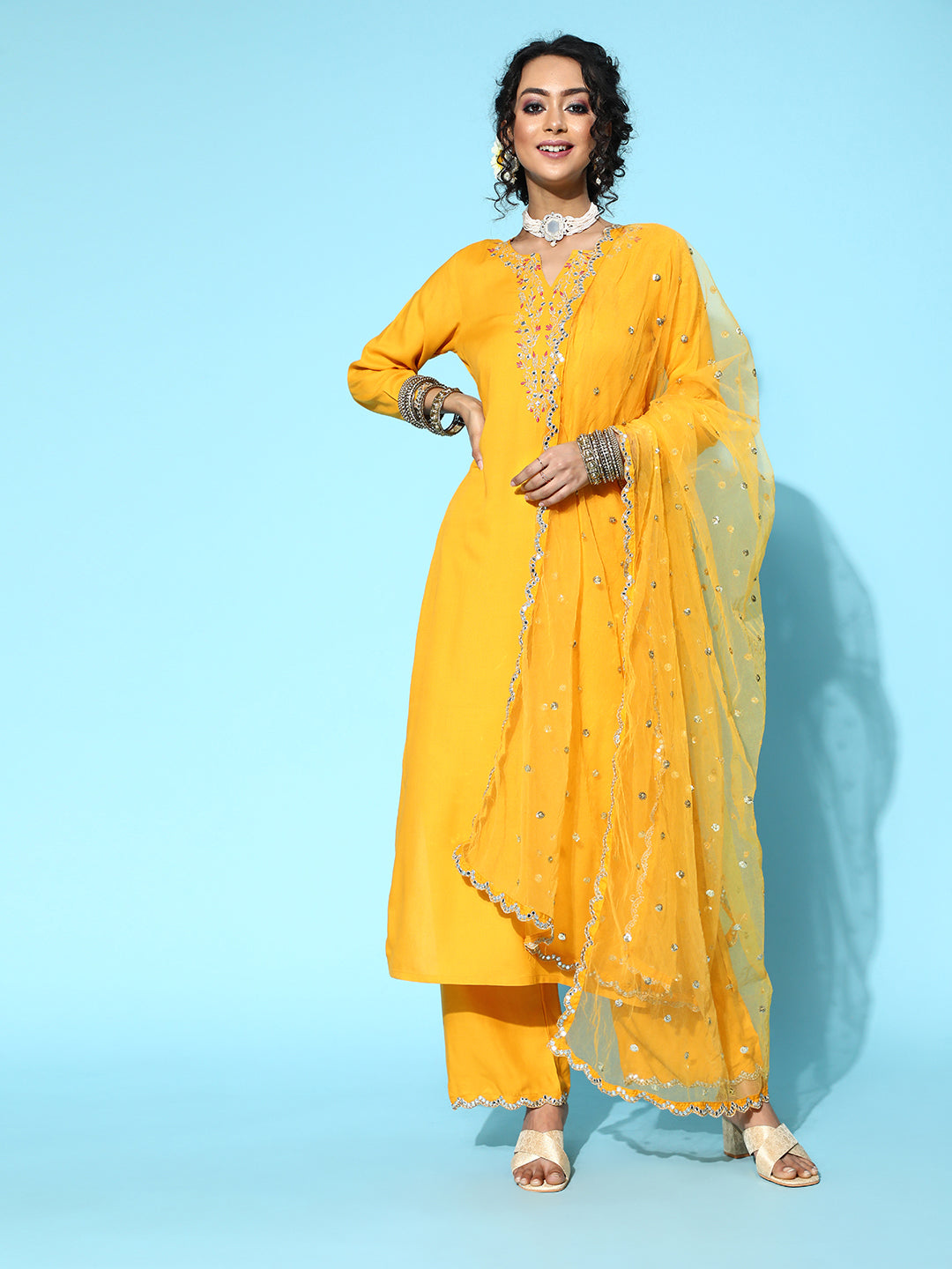 Women Yellow Embroidered Straight Kurta With Plazo & Dupatta | LASVINI - Redefining Indian Fashion with Elegance