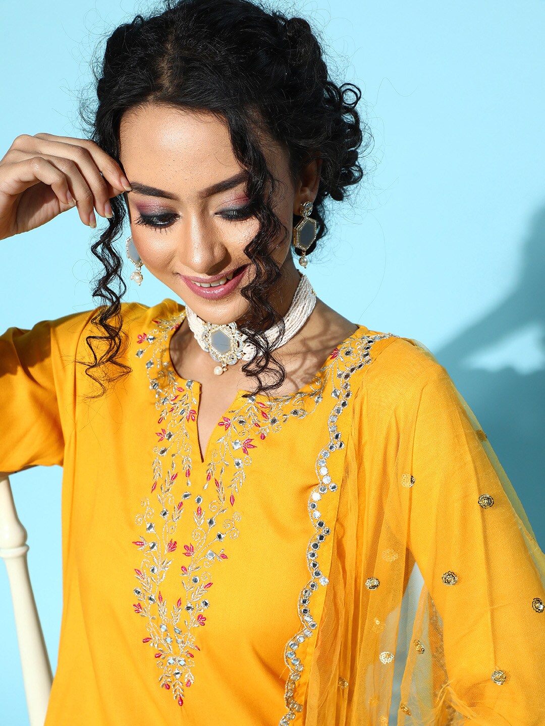 Women Yellow Embroidered Straight Kurta With Palazzo & Dupatta | LASVINI - Redefining Indian Fashion with Elegance