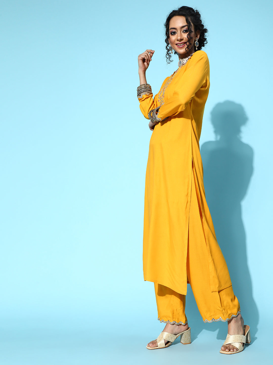Women Yellow Embroidered Straight Kurta With Plazo & Dupatta | LASVINI - Redefining Indian Fashion with Elegance