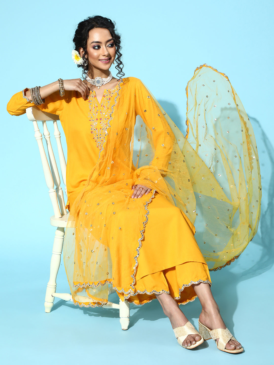Women Yellow Embroidered Straight Kurta With Plazo & Dupatta | LASVINI - Redefining Indian Fashion with Elegance