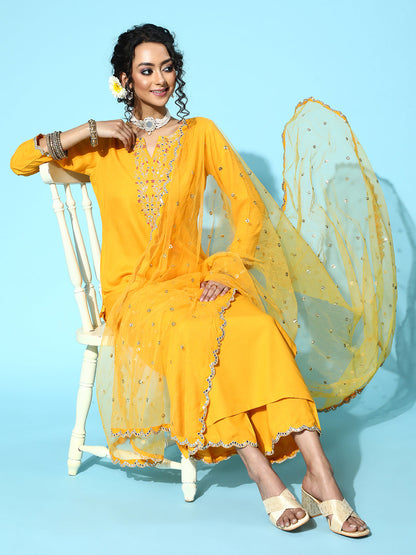Women Yellow Embroidered Straight Kurta With Plazo & Dupatta | LASVINI - Redefining Indian Fashion with Elegance