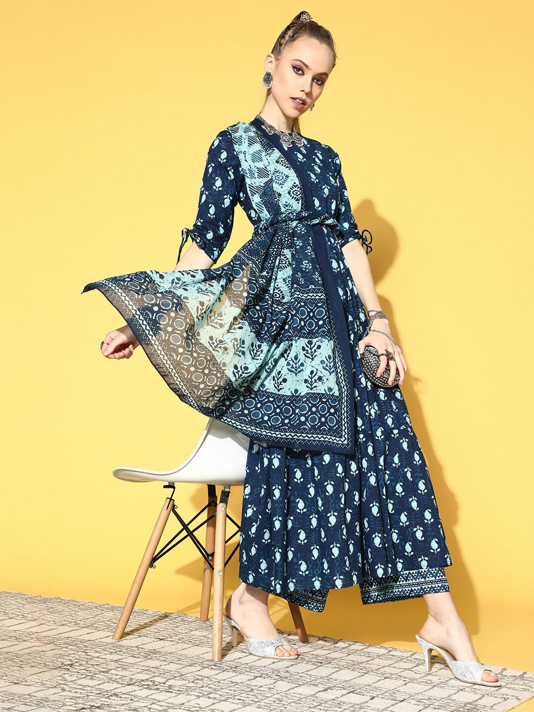 Women Blue Tiered Kurta With Plazo & Dupatta | LASVINI - Redefining Indian Fashion with Elegance