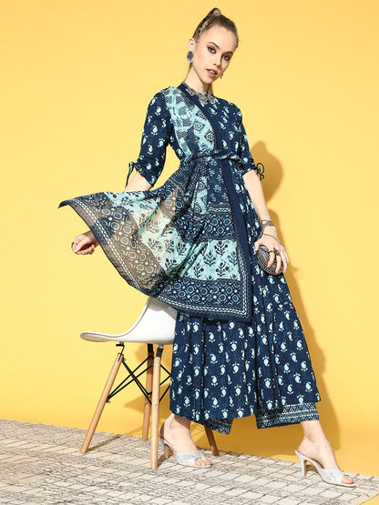 Women Blue Tiered Kurta With Plazo & Dupatta | LASVINI - Redefining Indian Fashion with Elegance
