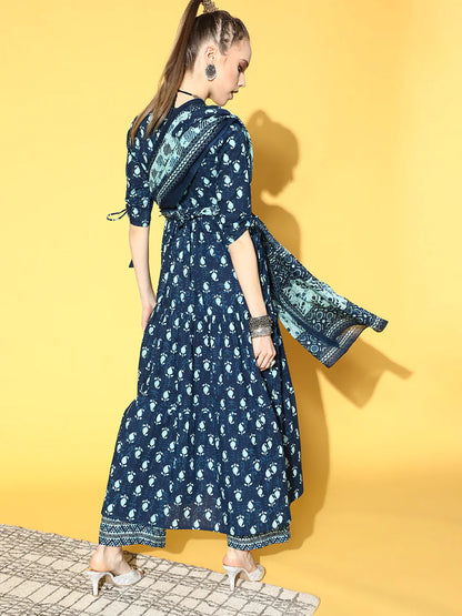 Women Blue Tiered Kurta With Plazo & Dupatta | LASVINI - Redefining Indian Fashion with Elegance