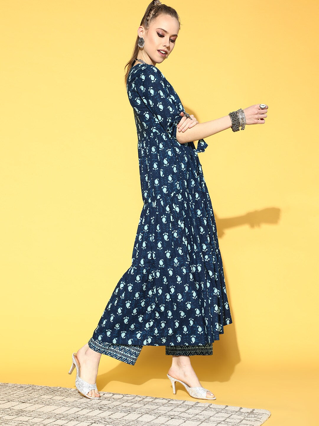 Women Blue Tiered Kurta With Plazo & Dupatta | LASVINI - Redefining Indian Fashion with Elegance