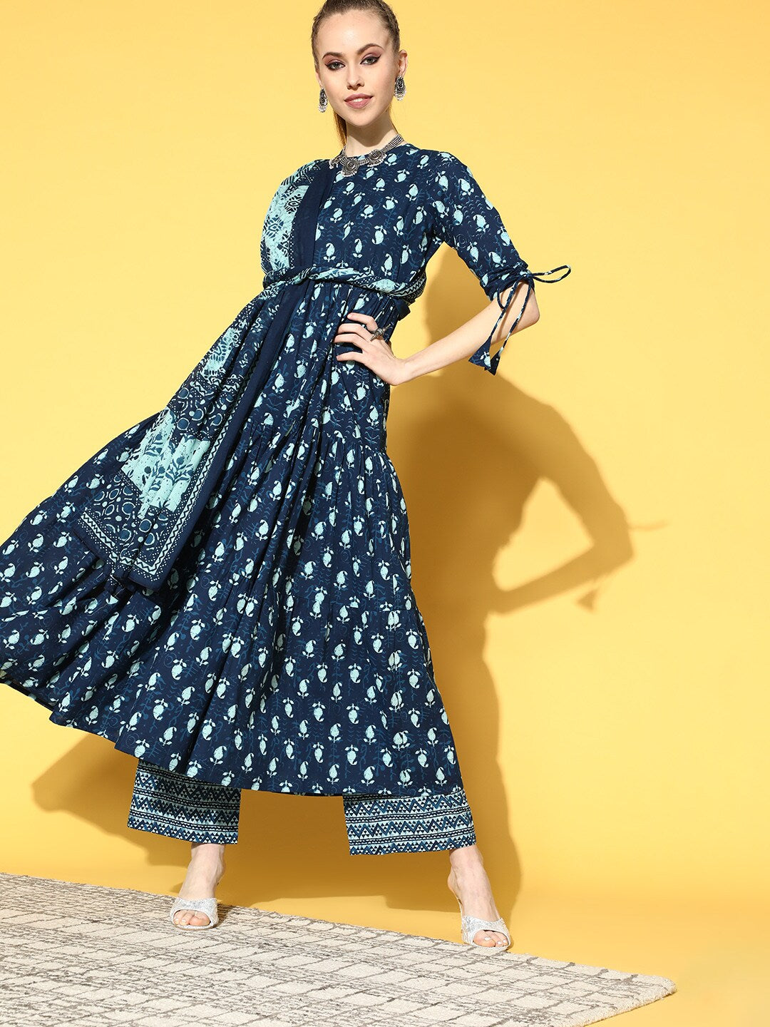 Women Blue Tiered Kurta With Plazo & Dupatta | LASVINI - Redefining Indian Fashion with Elegance