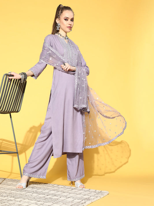 Women Lavender Embroidered Straight Kurta With Plazo & Dupatta | LASVINI - Redefining Indian Fashion with Elegance