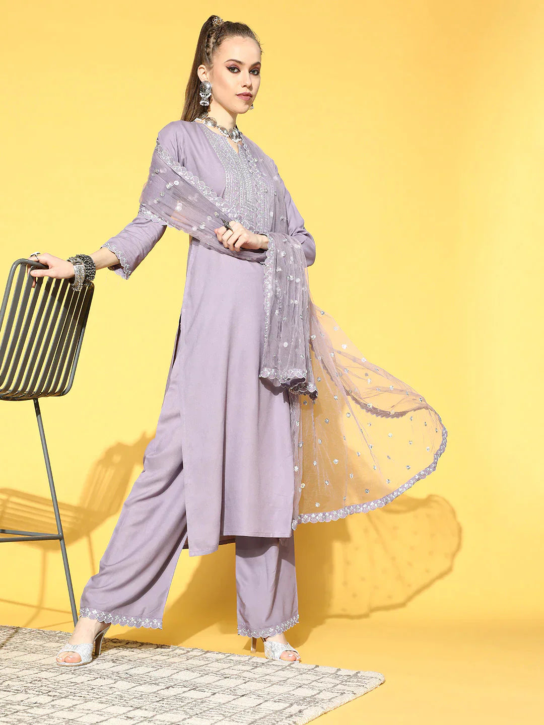 Women Lavender Embroidered Straight Kurta With Plazo & Dupatta | LASVINI - Redefining Indian Fashion with Elegance