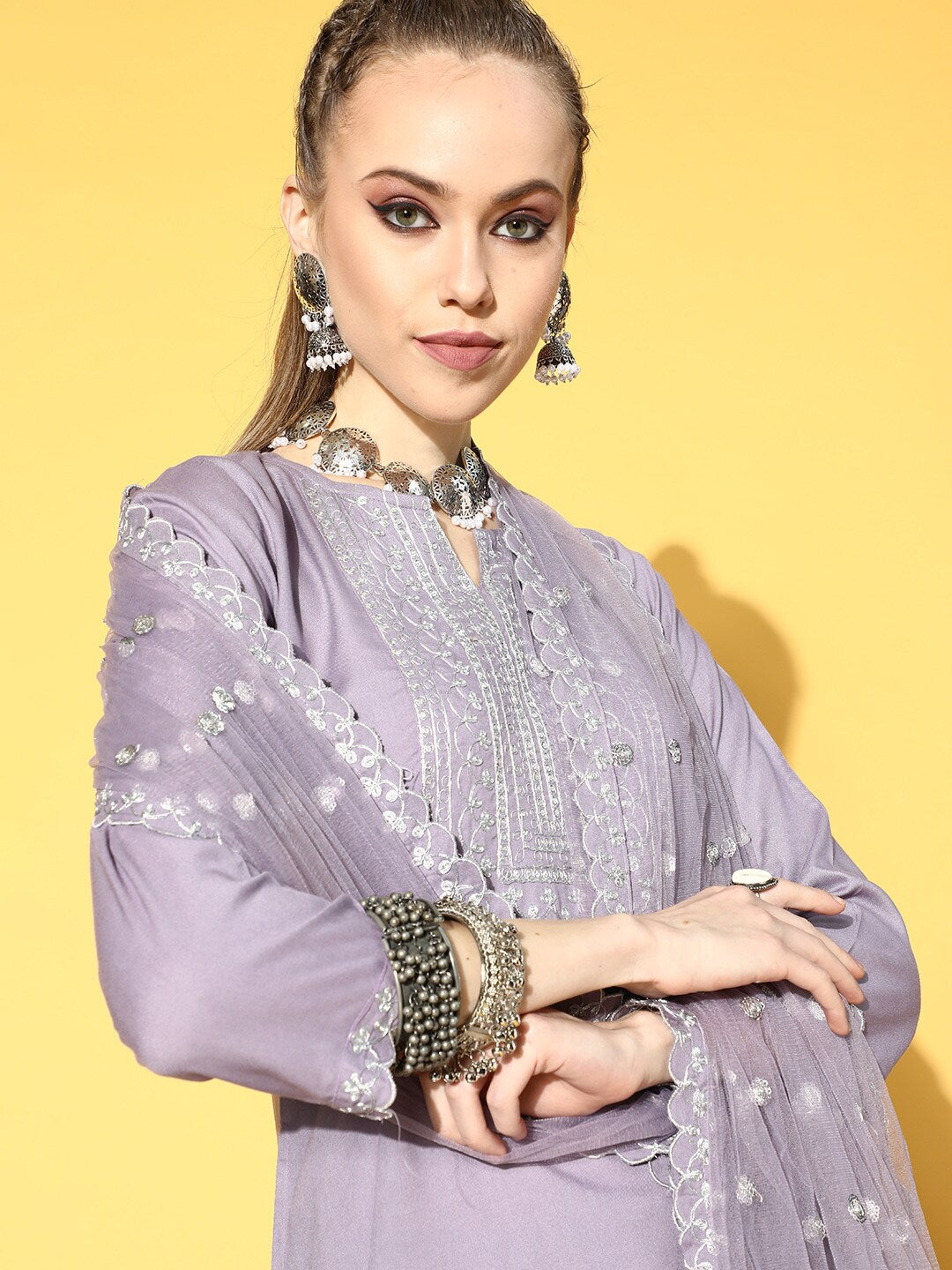 Women Lavender Embroidered Straight Kurta With Plazo & Dupatta | LASVINI - Redefining Indian Fashion with Elegance