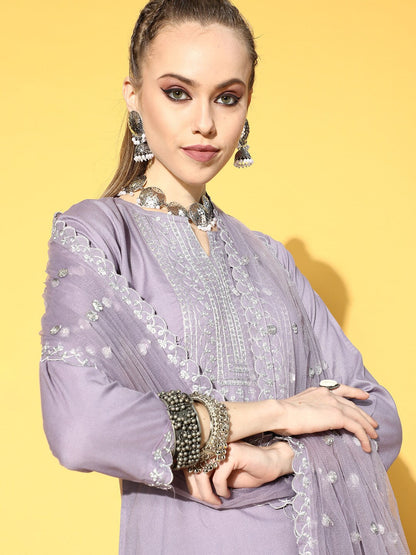 Women Lavender Embroidered Straight Kurta With Plazo & Dupatta | LASVINI - Redefining Indian Fashion with Elegance