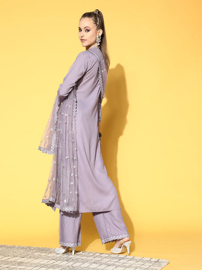 Women Lavender Embroidered Straight Kurta With Plazo & Dupatta | LASVINI - Redefining Indian Fashion with Elegance