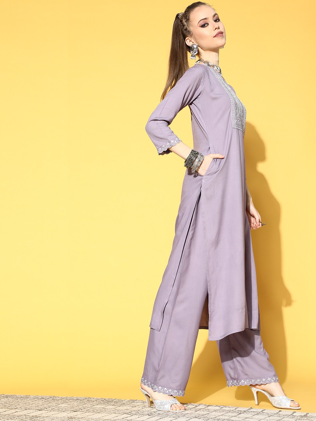 Women Lavender Embroidered Straight Kurta With Plazo & Dupatta | LASVINI - Redefining Indian Fashion with Elegance