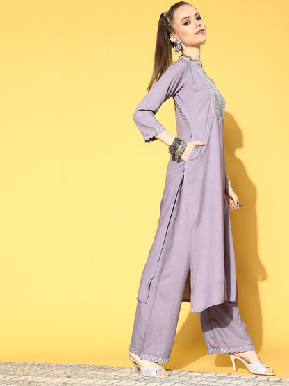 Women Lavender Embroidered Straight Kurta With Plazo & Dupatta | LASVINI - Redefining Indian Fashion with Elegance