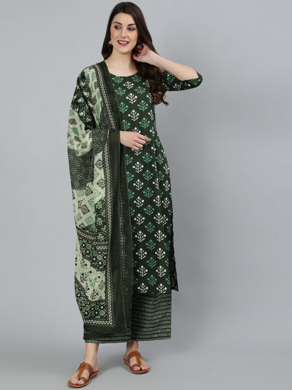 Women Green Ethnic Printed Straight Kurta With Three Quarter Sleeves | LASVINI - Redefining Indian Fashion with Elegance