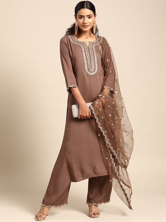 Women Taupe Embroidered Kurta With Plazo & Dupatta | LASVINI - Redefining Indian Fashion with Elegance