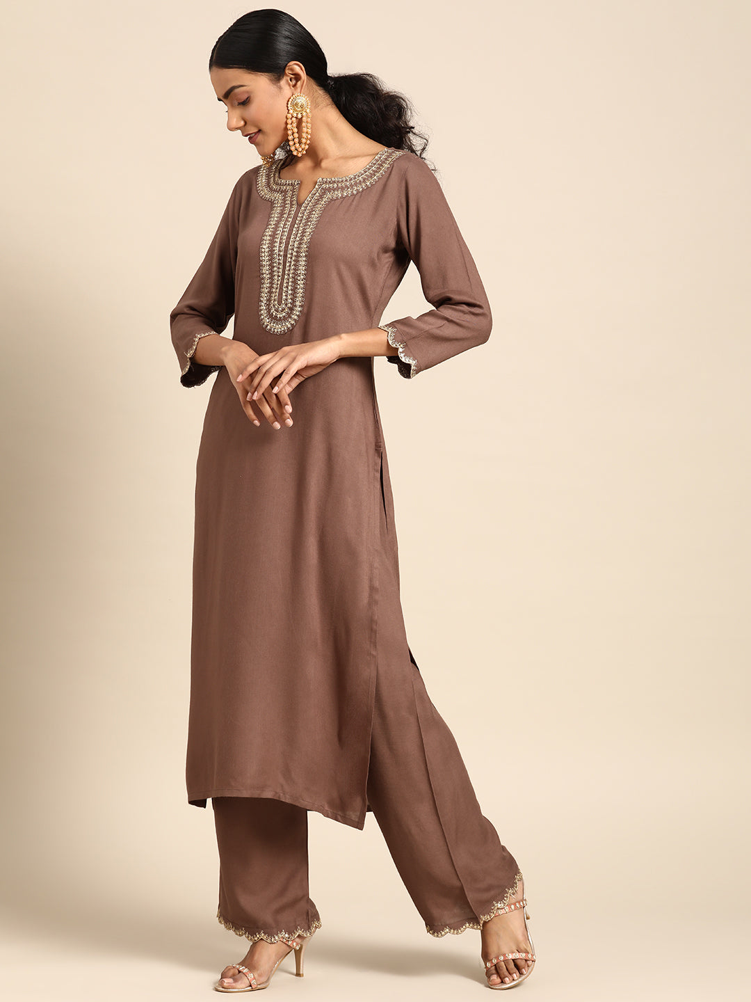 Women Taupe Embroidered Kurta With Plazo & Dupatta | LASVINI - Redefining Indian Fashion with Elegance