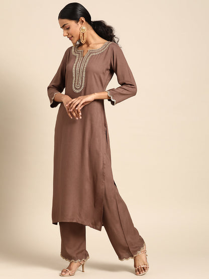 Women Taupe Embroidered Kurta With Plazo & Dupatta | LASVINI - Redefining Indian Fashion with Elegance