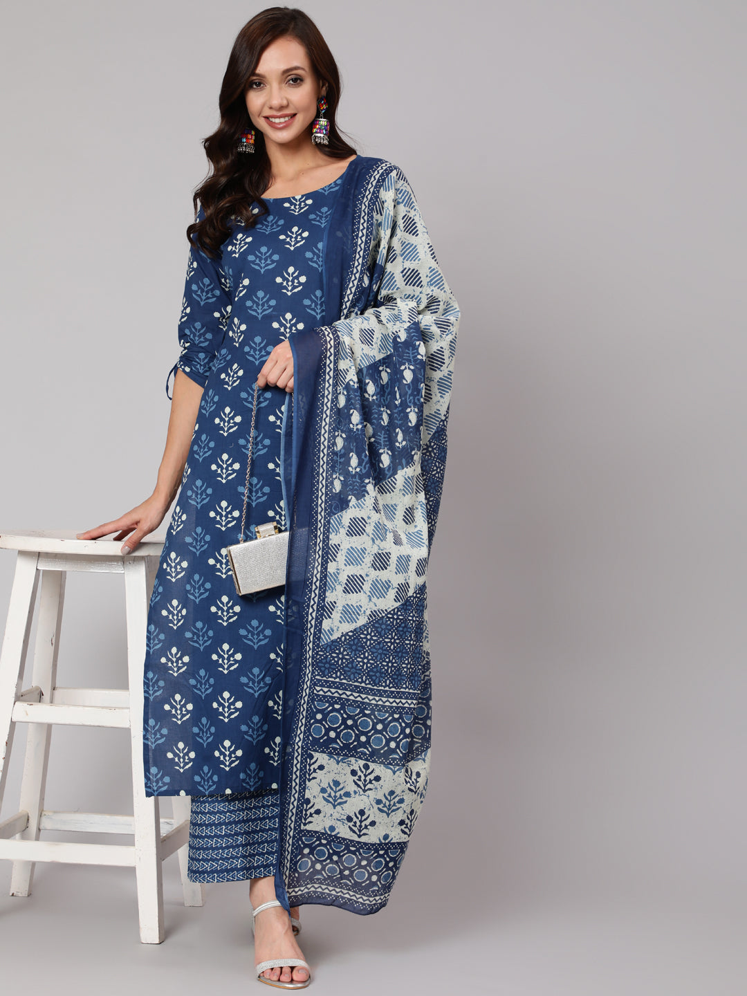 Women Navy Blue Ethnic Printed Straight Kurta With Palazzo And Dupatta | LASVINI - Redefining Indian Fashion with Elegance
