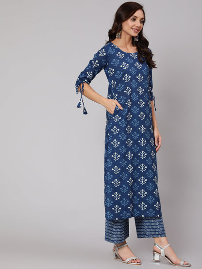 Women Navy Blue Ethnic Printed Straight Kurta With Palazzo And Dupatta | LASVINI - Redefining Indian Fashion with Elegance