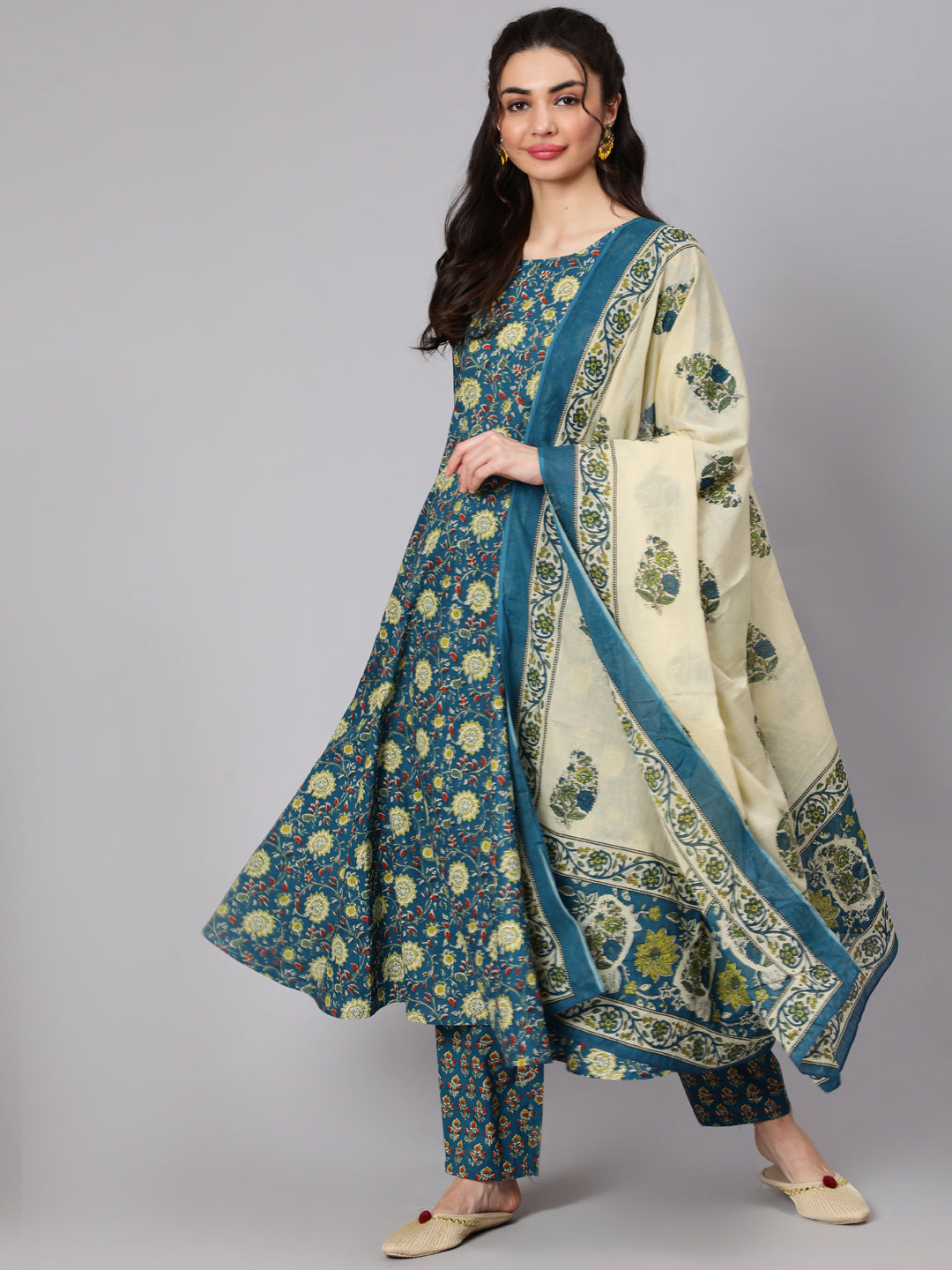 Women Green Floral Printed Flared Kurta With Trouser And Dupatta | LASVINI - Redefining Indian Fashion with Elegance