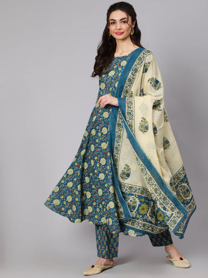 Women Green Floral Printed Flared Kurta With Trouser And Dupatta | LASVINI - Redefining Indian Fashion with Elegance