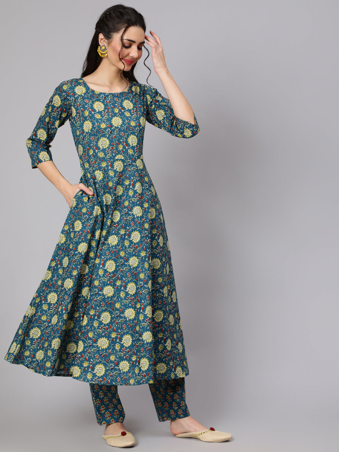 Women Green Floral Printed Flared Kurta With Trouser And Dupatta | LASVINI - Redefining Indian Fashion with Elegance
