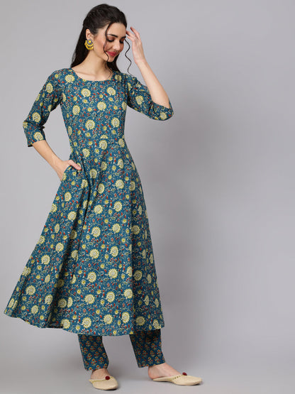 Women Green Floral Printed Flared Kurta With Trouser And Dupatta | LASVINI - Redefining Indian Fashion with Elegance
