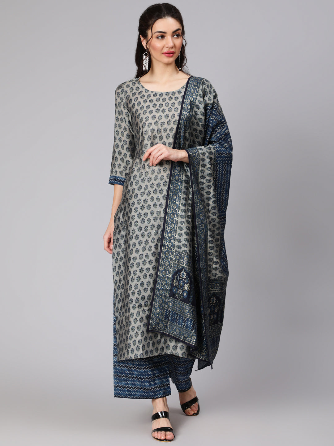 Women Grey & Navy Blue Ethnic Printed Straight Kurta With Palazzo And Printed Dupatta | LASVINI - Redefining Indian Fashion with Elegance