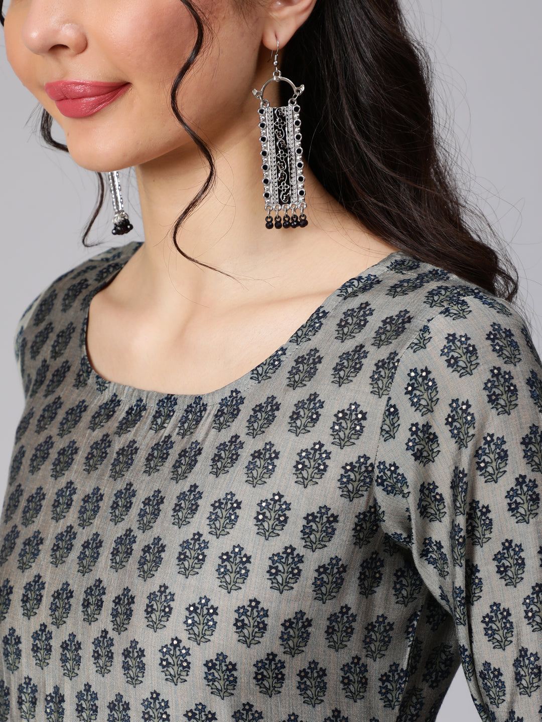 Women Grey & Navy Blue Ethnic Printed Straight Kurta With Palazzo And Printed Dupatta | LASVINI - Redefining Indian Fashion with Elegance