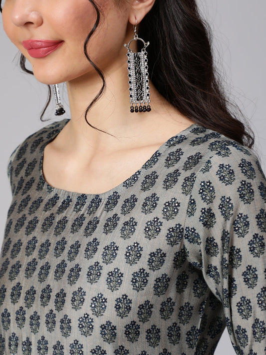 Women Grey & Navy Blue Ethnic Printed Straight Kurta With Palazzo And Printed Dupatta | LASVINI - Redefining Indian Fashion with Elegance