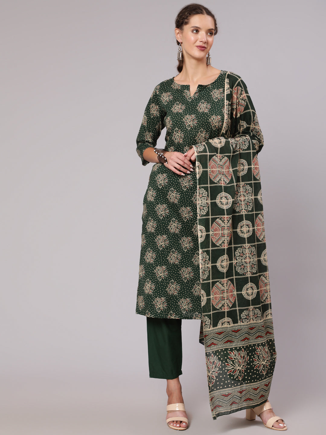 Women Green Ethnic Printed Kurta With Plazzo And Dupatta | LASVINI - Redefining Indian Fashion with Elegance