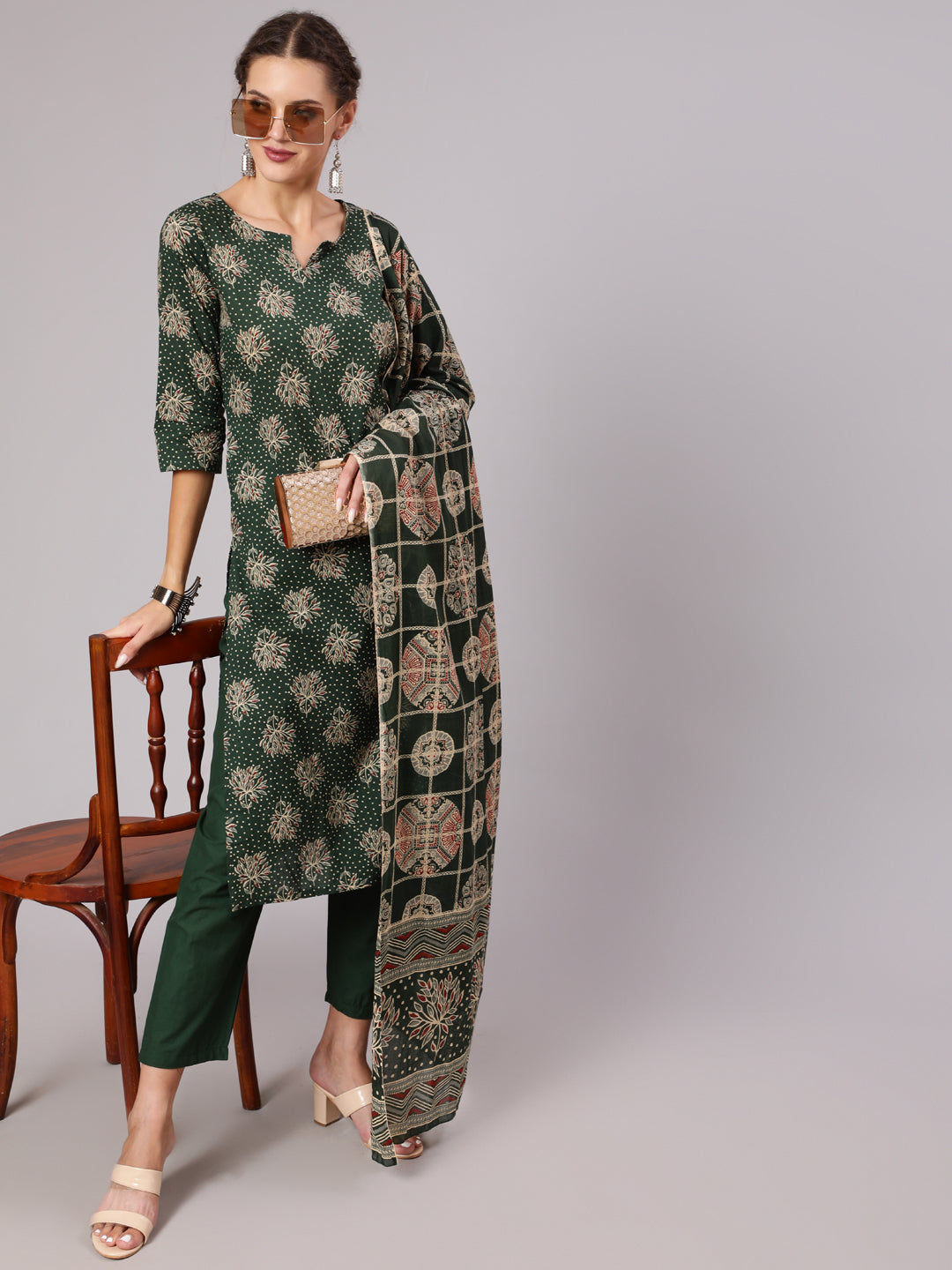 Women Green Ethnic Printed Kurta With Plazzo And Dupatta | LASVINI - Redefining Indian Fashion with Elegance