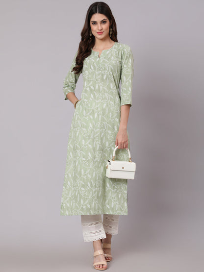 Women Green Printed Straight Kurta And White Solid Palazzo With Lace Detail | LASVINI - Redefining Indian Fashion with Elegance