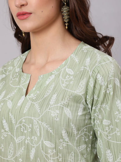 Women Green Printed Straight Kurta And White Solid Palazzo With Lace Detail | LASVINI - Redefining Indian Fashion with Elegance