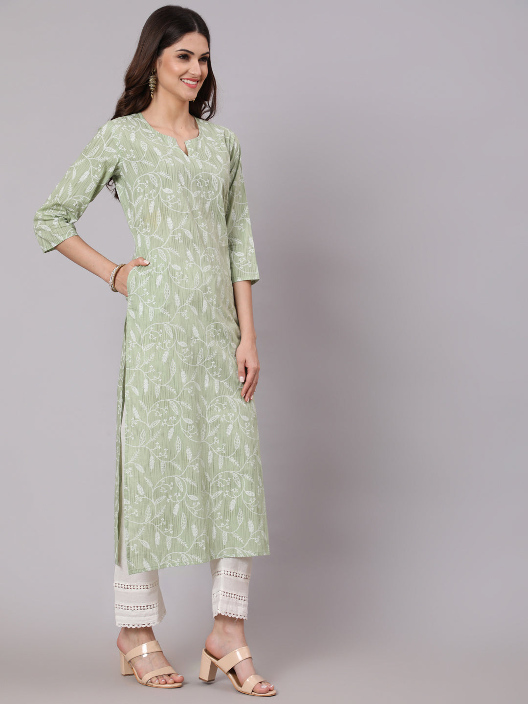 Women Green Printed Straight Kurta And White Solid Palazzo With Lace Detail | LASVINI - Redefining Indian Fashion with Elegance