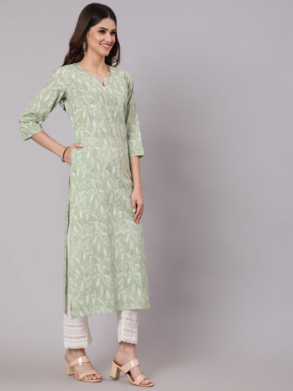 Women Green Printed Straight Kurta And White Solid Palazzo With Lace Detail | LASVINI - Redefining Indian Fashion with Elegance