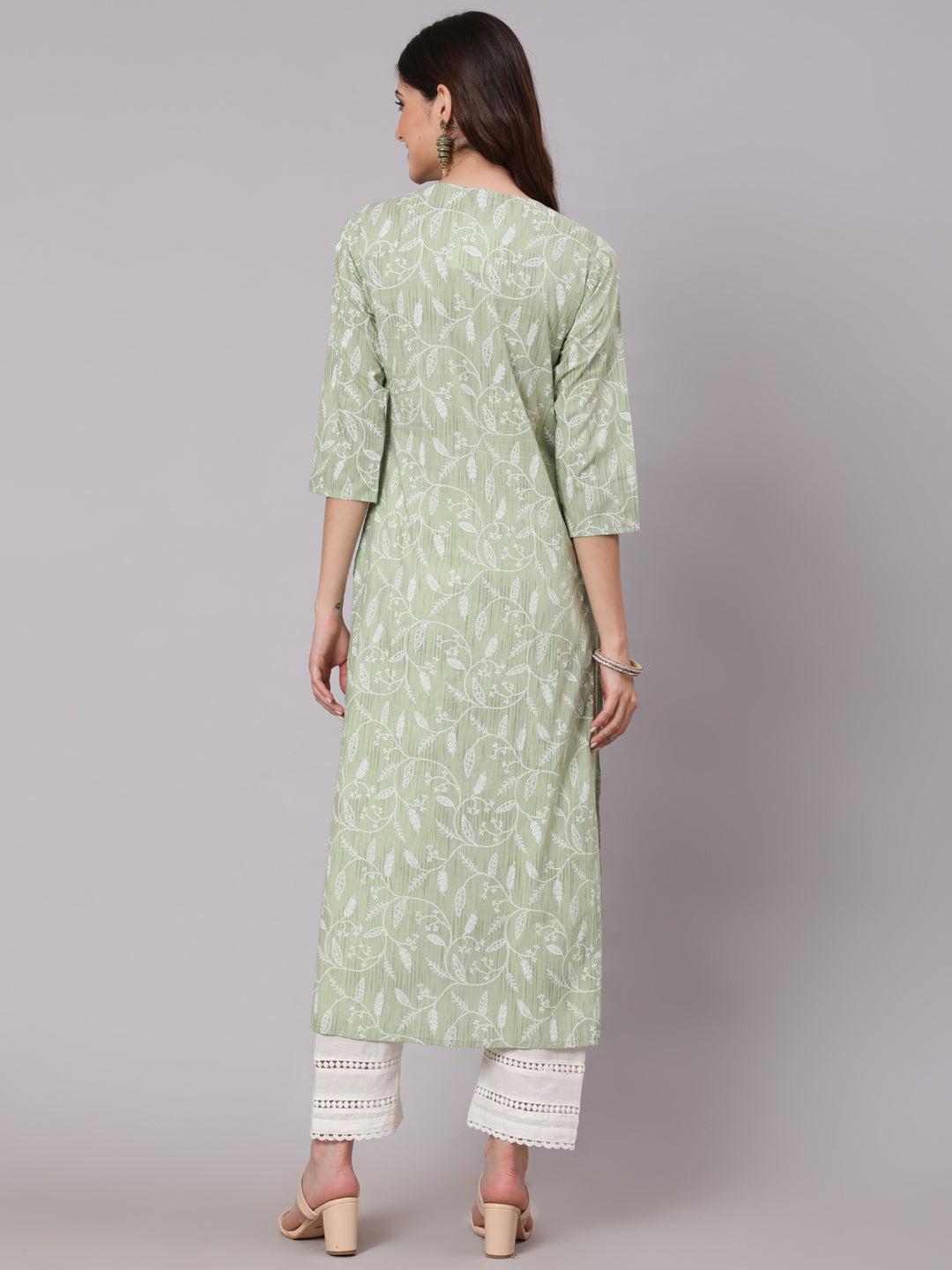 Women Green Printed Straight Kurta And White Solid Palazzo With Lace Detail | LASVINI - Redefining Indian Fashion with Elegance